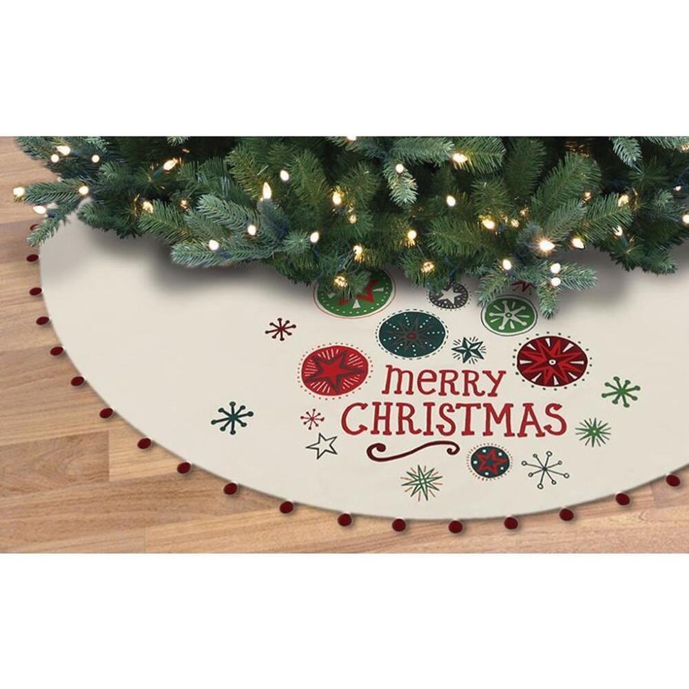 Holiday Living 56" Off White Ornaments Merry Christmas Tree Skirt Cotton New